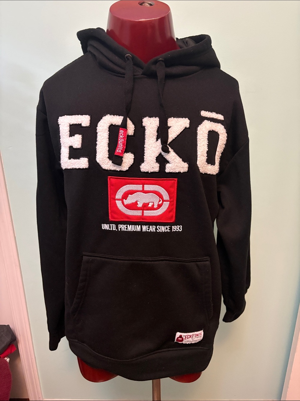 Ecko Unlimited Black Hoodie with White Chenille Logo and Red Patch